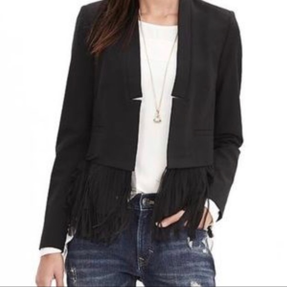Banana Republic Blazer Jacket with Fringe Bottom NWT size 2. Jet Black - Picture 2 of 11